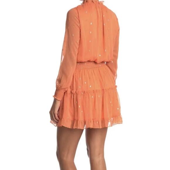 NSR Peach & Gold Metallic Dot Ruffle Long Sleeve Peasant Dress Size L - Picture 2 of 10